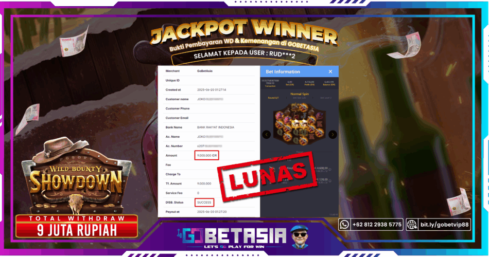 Bukti pembayaran Jackpot di GOBETASIA