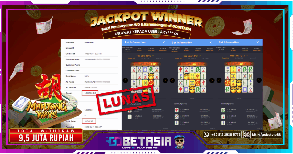 Bukti pembayaran Jackpot di GOBETASIA