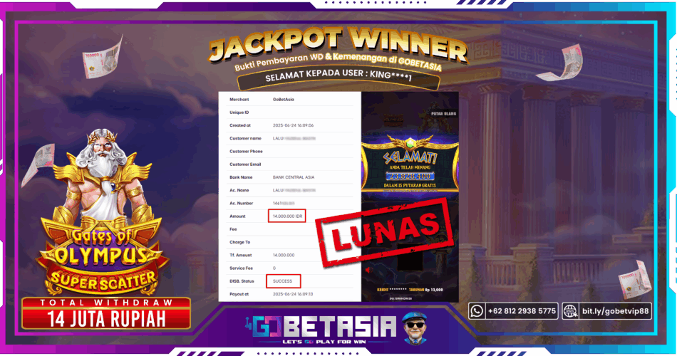 Bukti pembayaran Jackpot di GOBETASIA