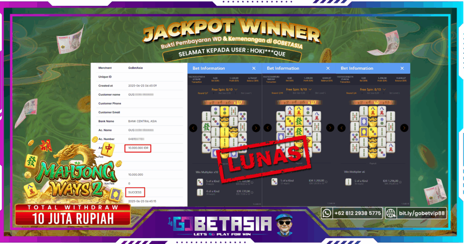 Bukti pembayaran Jackpot di GOBETASIA