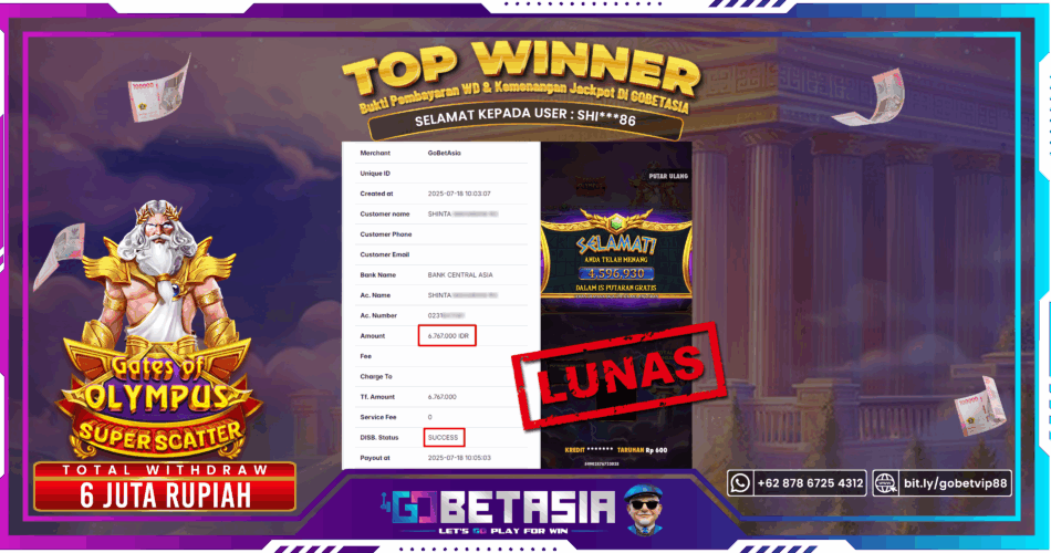Bukti pembayaran Jackpot di GOBETASIA