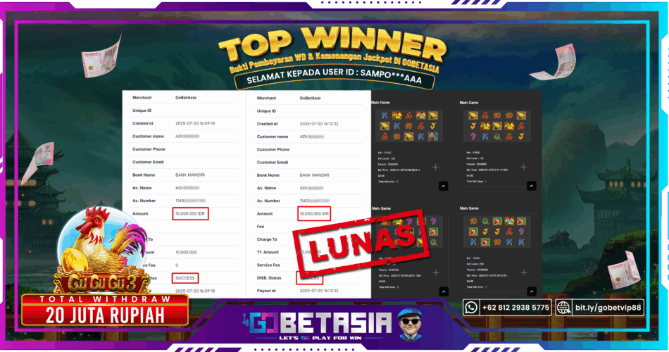Bukti pembayaran Jackpot di GOBETASIA