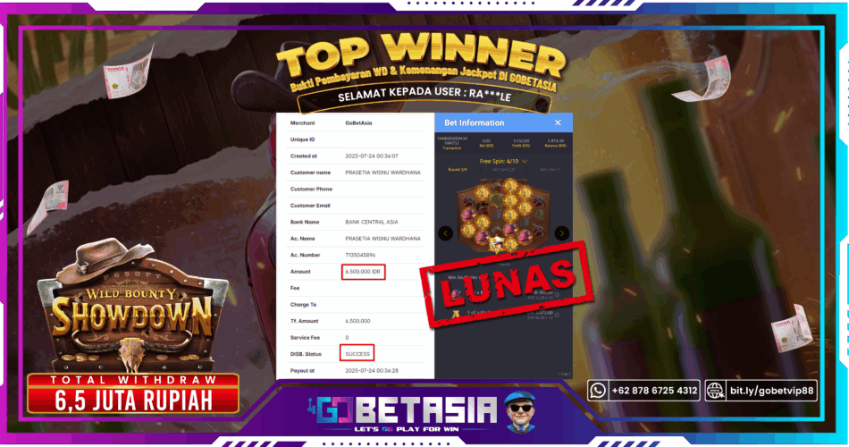 Bukti pembayaran Jackpot di GOBETASIA