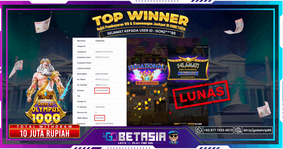 Bukti pembayaran Jackpot di GOBETASIA