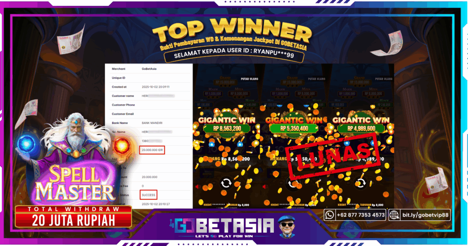 Bukti pembayaran Jackpot di GOBETASIA