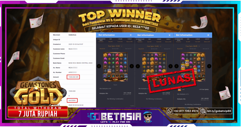 Bukti pembayaran Jackpot di GOBETASIA