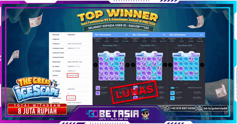 Bukti pembayaran Jackpot di GOBETASIA