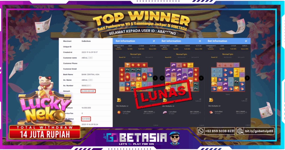 Bukti pembayaran Jackpot di GOBETASIA