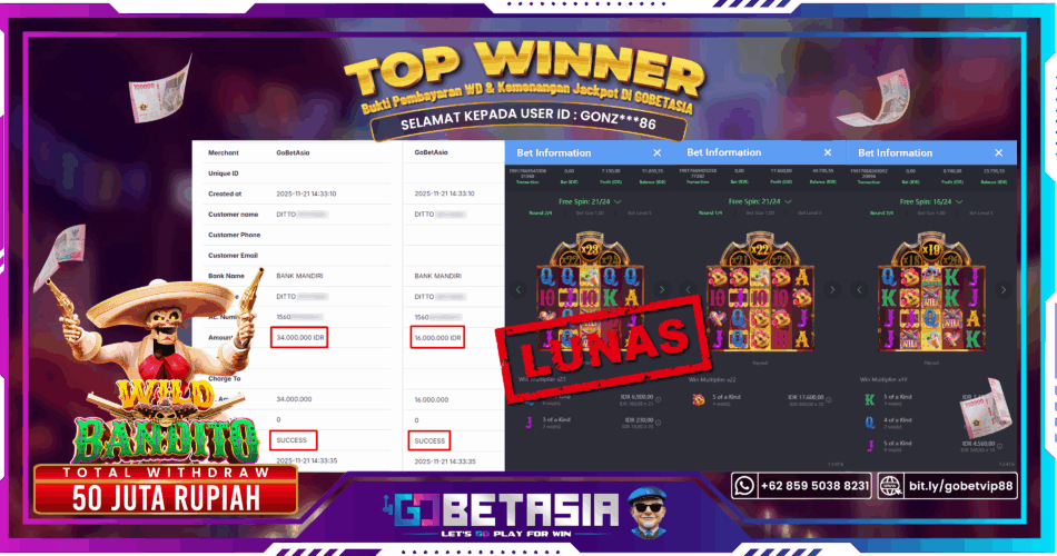 Bukti pembayaran Jackpot di GOBETASIA