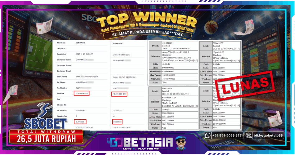 Bukti pembayaran Jackpot di GOBETASIA