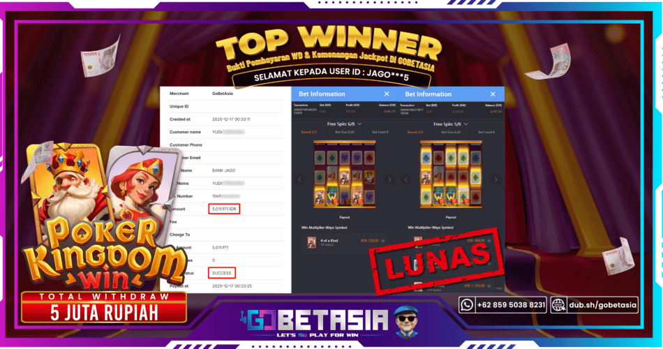 Bukti pembayaran Jackpot di GOBETASIA