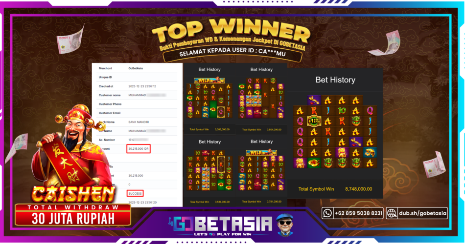 Bukti pembayaran Jackpot di GOBETASIA