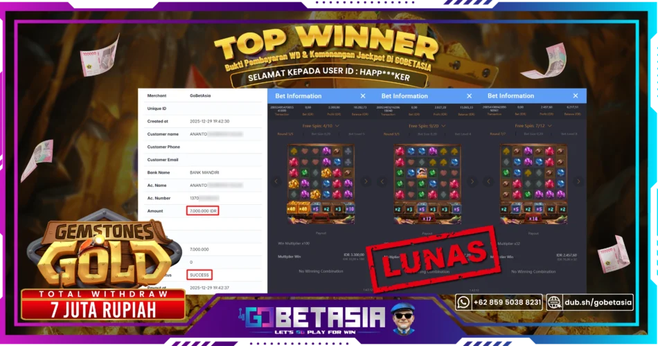 Bukti pembayaran Jackpot di GOBETASIA