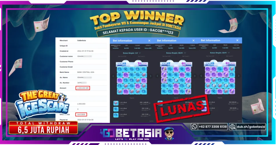 Bukti pembayaran Jackpot di GOBETASIA