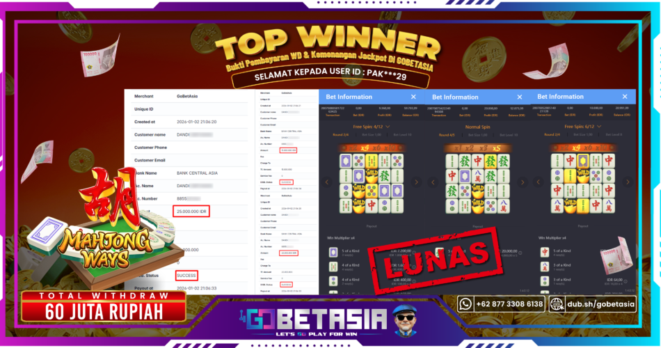 Bukti pembayaran Jackpot di GOBETASIA