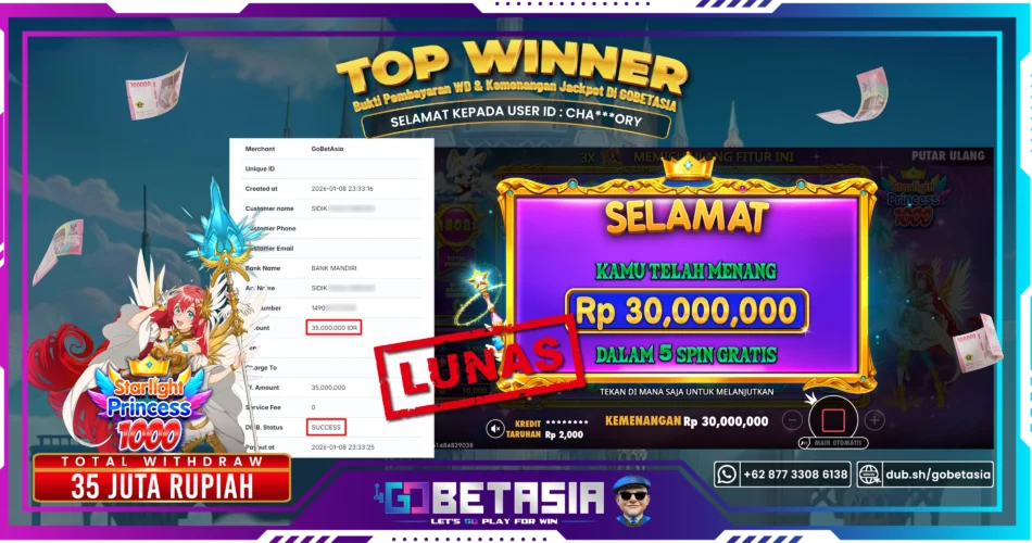 Bukti pembayaran Jackpot di GOBETASIA