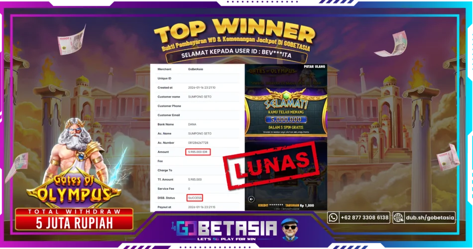 Bukti pembayaran Jackpot di GOBETASIA