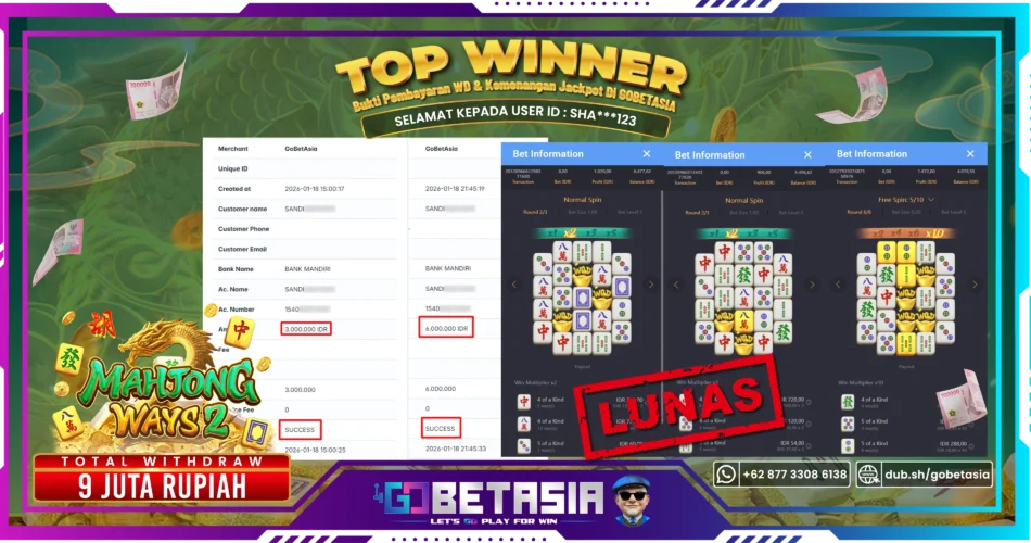 Bukti pembayaran Jackpot di GOBETASIA