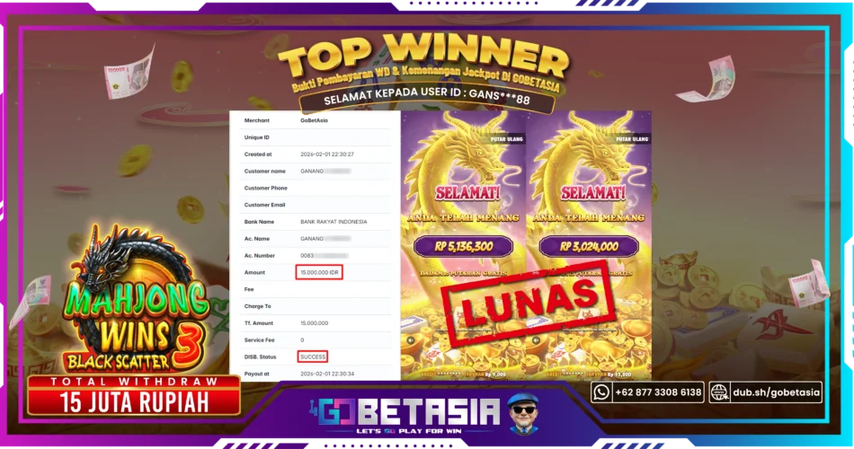 Bukti pembayaran Jackpot di GOBETASIA
