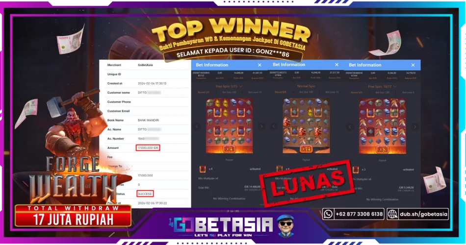 Bukti pembayaran Jackpot di GOBETASIA