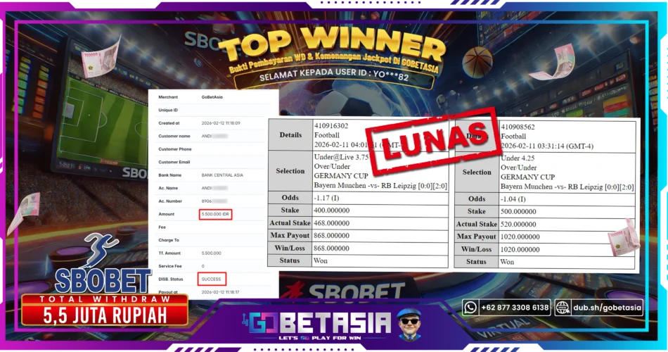 Bukti pembayaran Jackpot di GOBETASIA