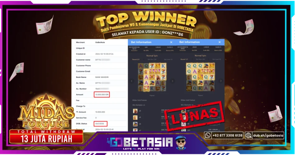 Bukti pembayaran Jackpot di GOBETASIA